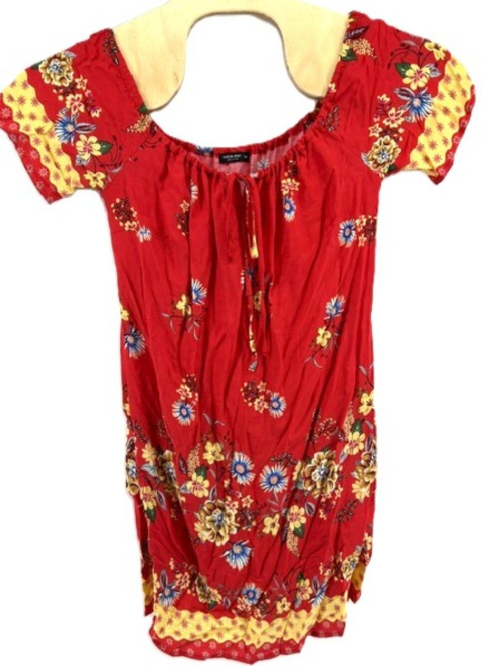 Red Floral 0XL Size 12 Large Boho Peasant Shift Dress Cottagecore Tie Neck Mini